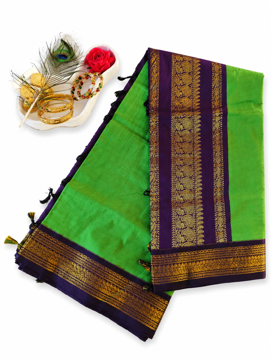 Kalyani Cotton Saree 🌿 Green & Dark Purple South Indian Saree VEKC16