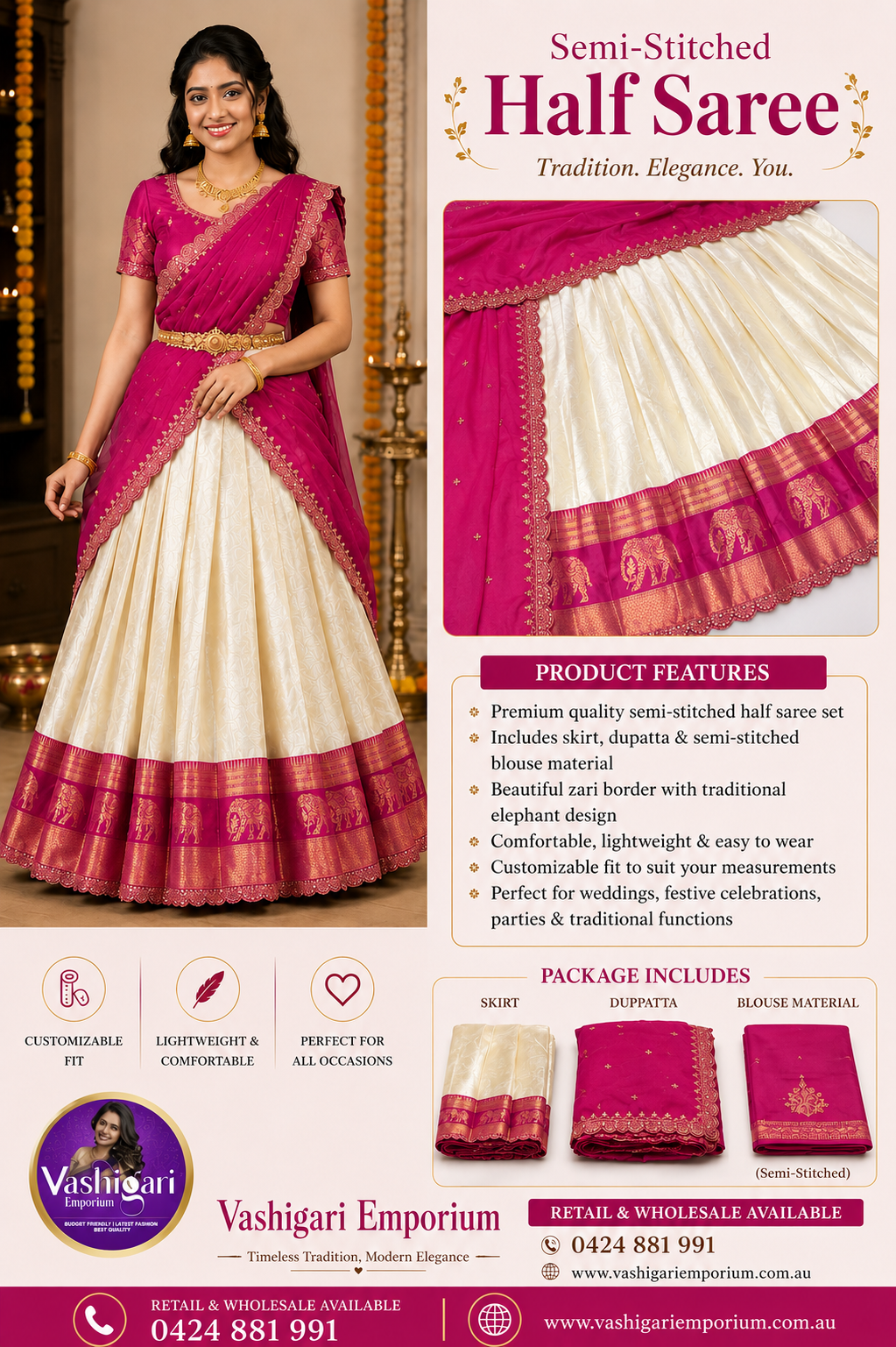 Half saree Semi stitched Rani Pink VEHSS04