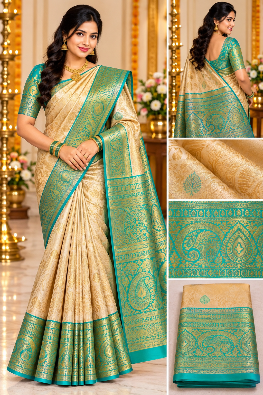 Kanjivaram Wedding premium silk sarees VEKWP128 Cream Gold