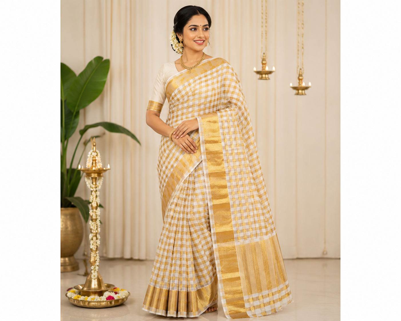 Onam Kerala Sarees 3 sizes checked Gold