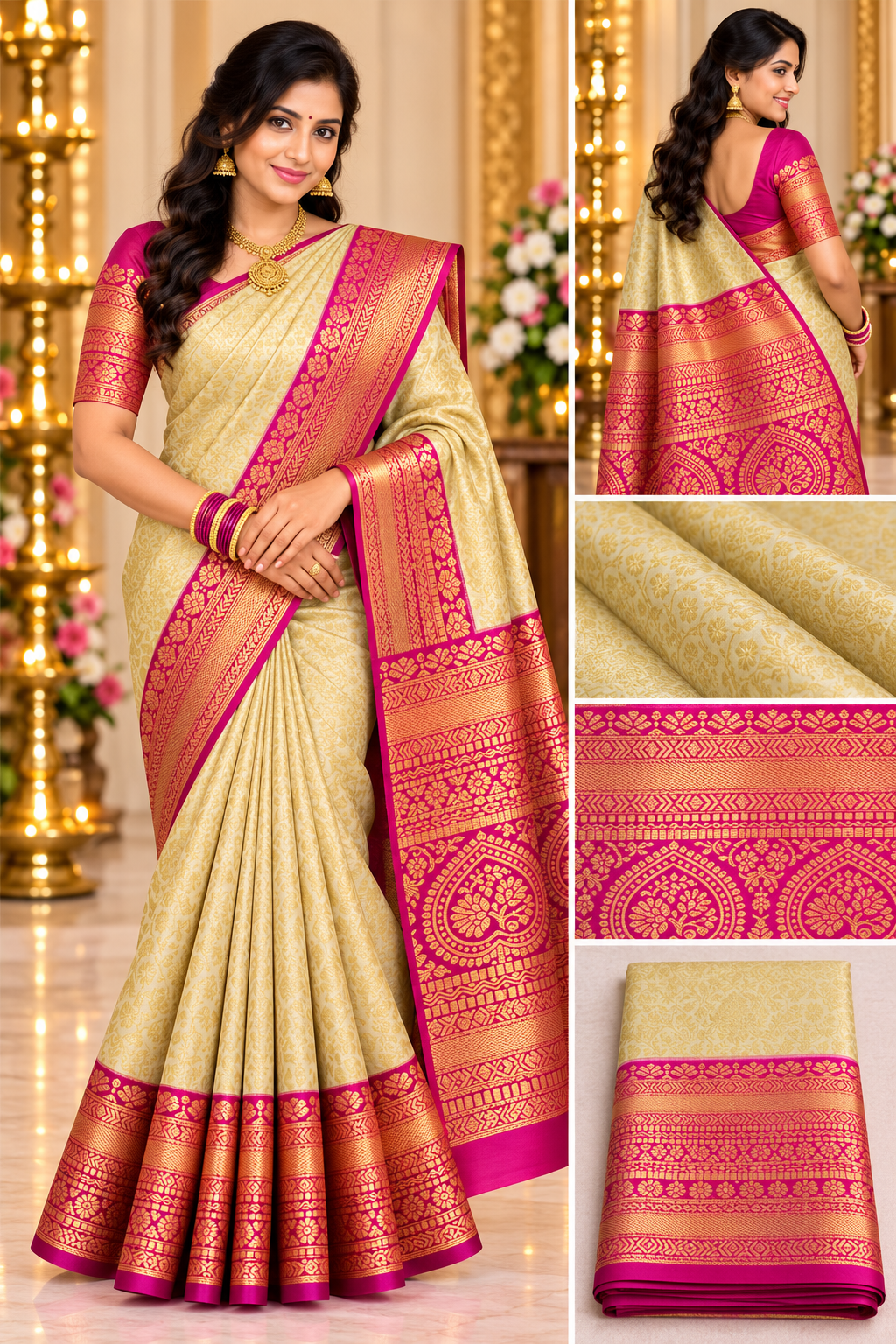 Kanjivaram Wedding premium silk sarees VEKWP129 cream gold pink