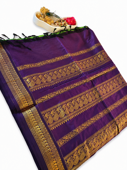 Kalyani Cotton Saree 🌿 Green & Dark Purple South Indian Saree VEKC16