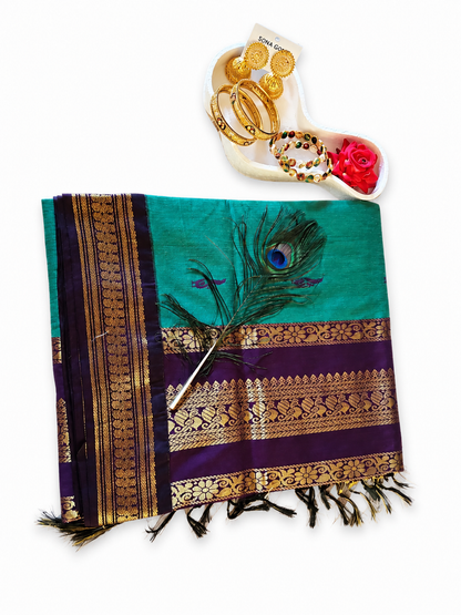 Kalyani Cotton Saree Indian Sarees Green & Purple VEKC14