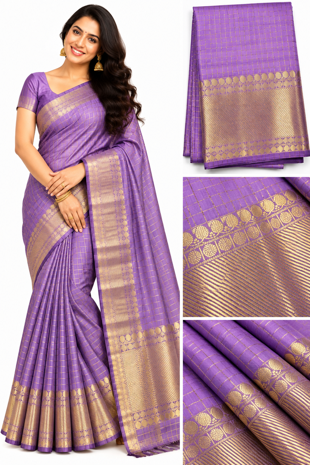 Checked silk sarees Mango with Tassels VECSS12