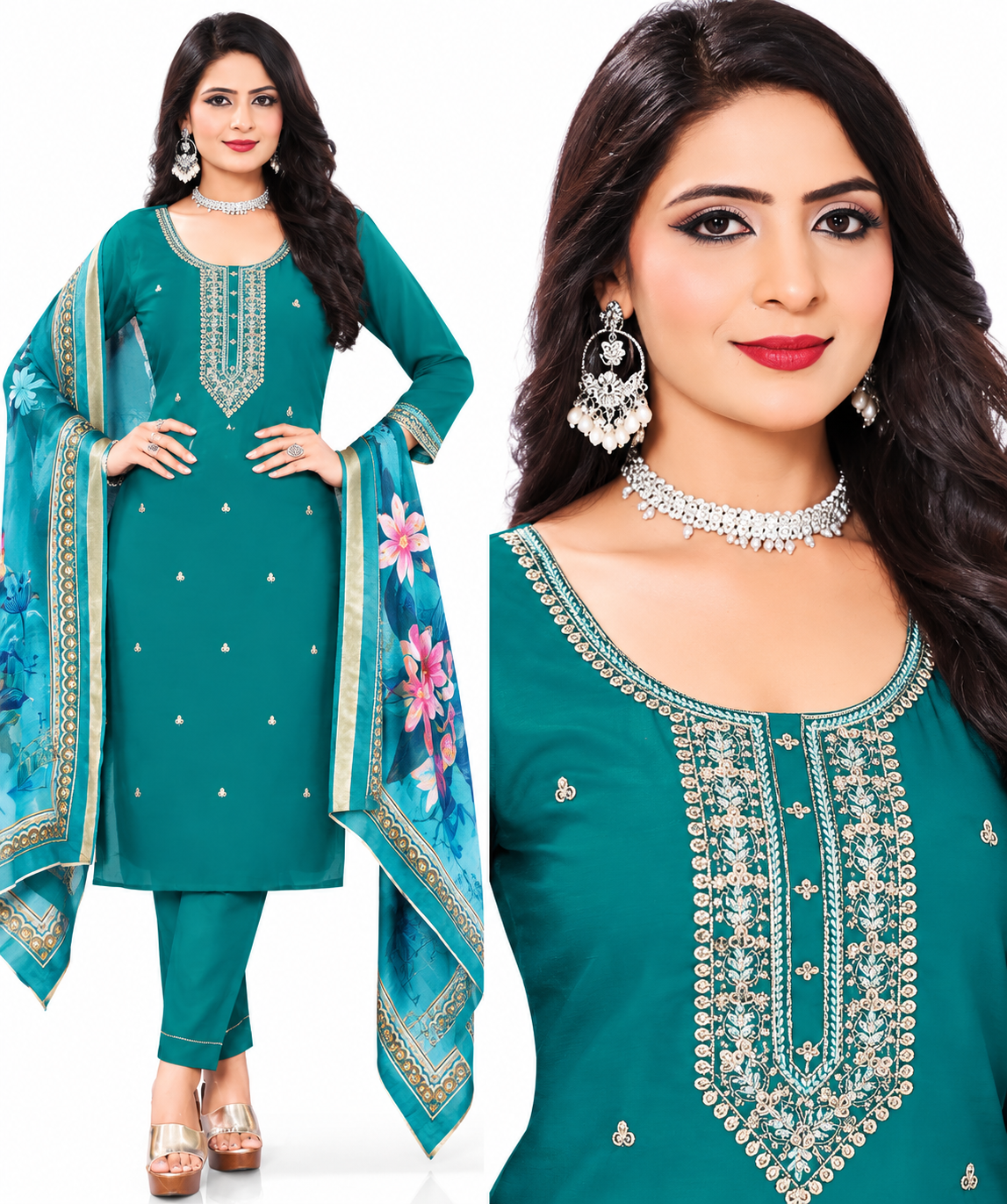 Teal Blue Roman silk Salwar suits 3pcs set's