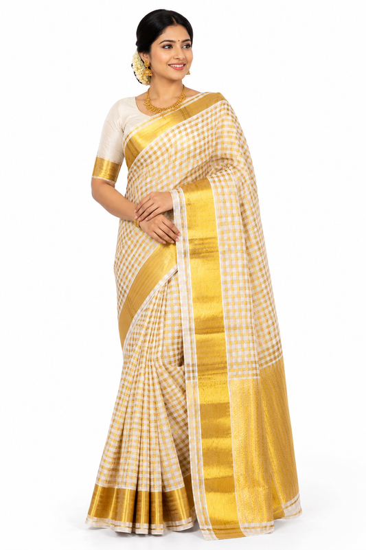 Onam Kerala Sarees 3 sizes checked Gold