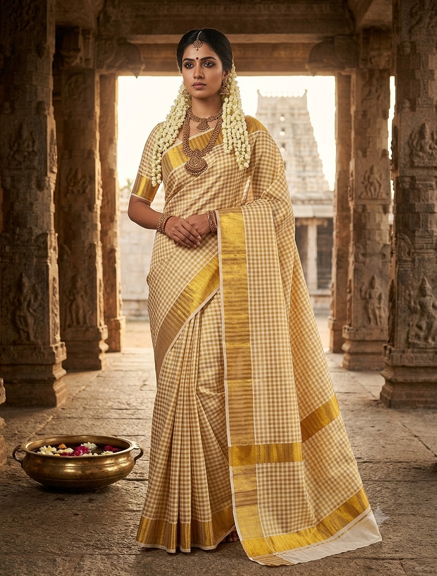 Onam Kerala Sarees 3 sizes checked Gold