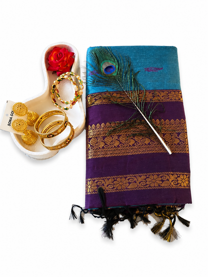 Kalyani Cotton Saree South Indian Sarees Peacock Blue & Purple VEKC17