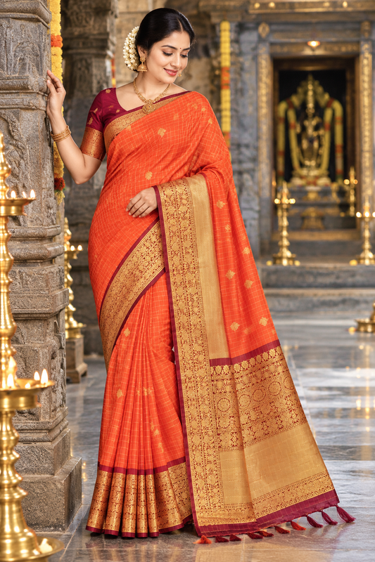 Rustic orange with maroon checked  soft silk VERO0104