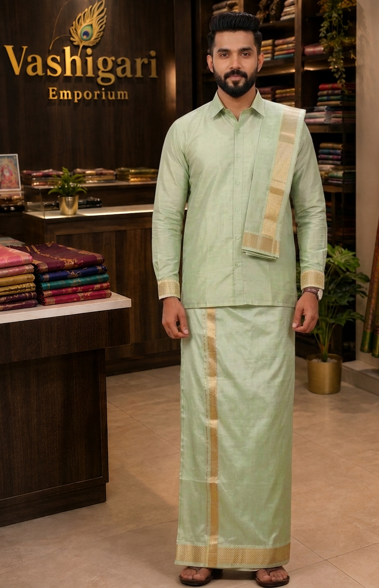 Premium Men's Shirt , Dhoti & Towel  (With Pocket Dhoti & Velcro)3pcs set's