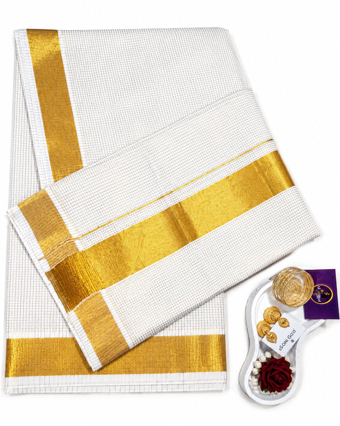 Onam Kerala Sarees 3 sizes checked Gold