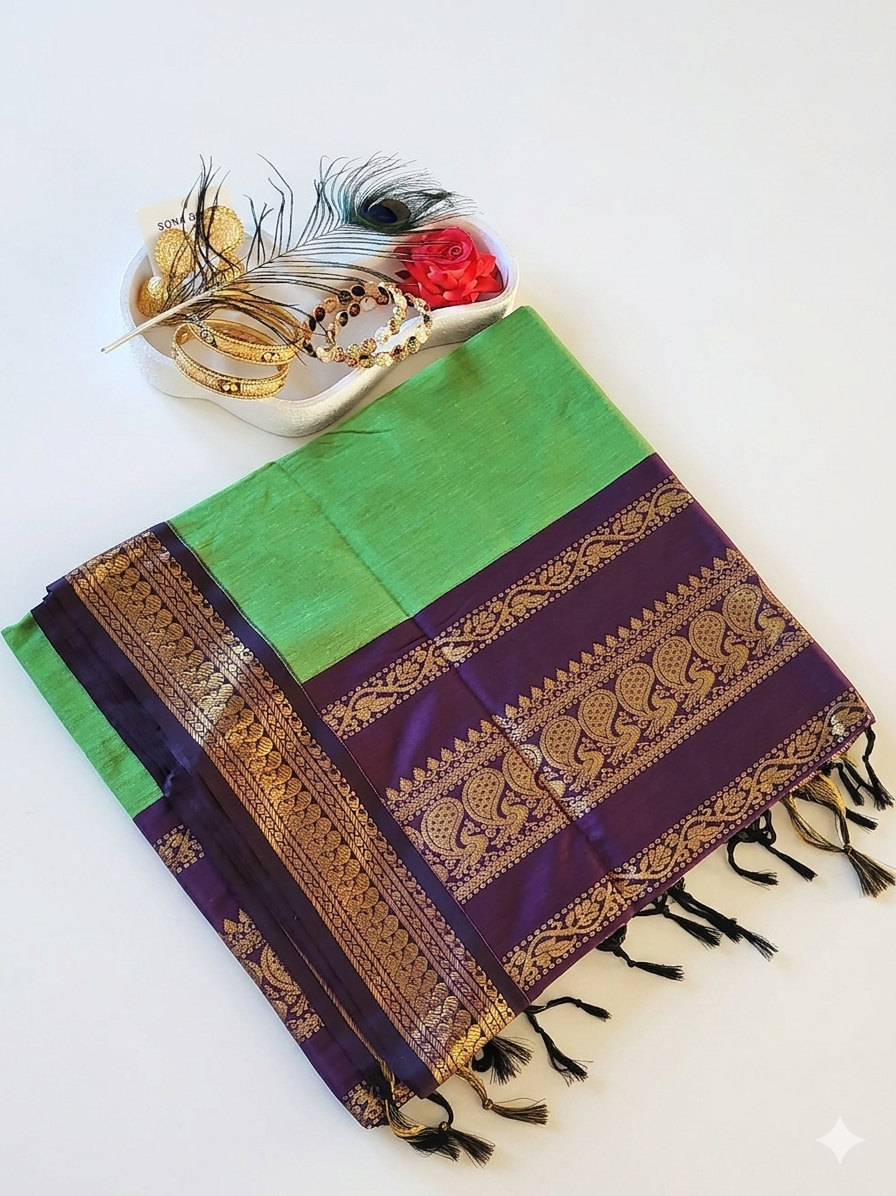 Kalyani Cotton Saree 🌿 Green & Dark Purple South Indian Saree VEKC16