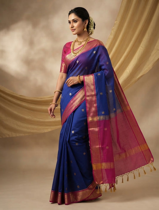 Handloom summer cotton Blue with Rani pink
