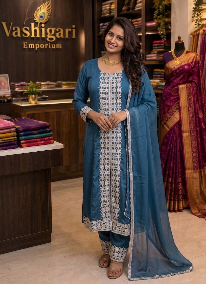 Anarkali suits 3pcs Blue with silver