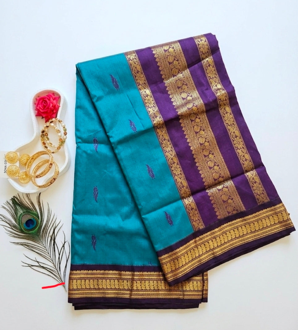Kalyani Cotton Saree South Indian Sarees Peacock Blue & Purple VEKC17