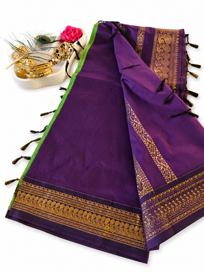 Kalyani Cotton Saree 🌿 Green & Dark Purple South Indian Saree VEKC16