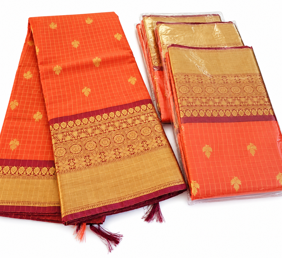 Rustic orange with maroon checked  soft silk VERO0104