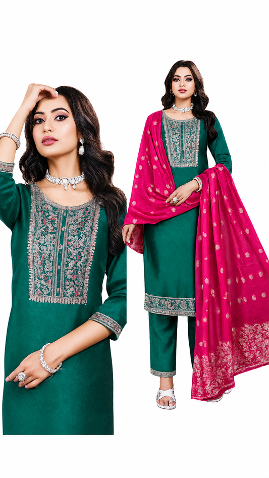 Emerald Green Vichitra silk Salwar suits 3pcs set's