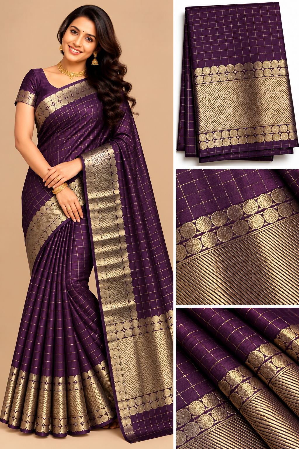 Checked silk sarees Mango with Tassels VECSS12