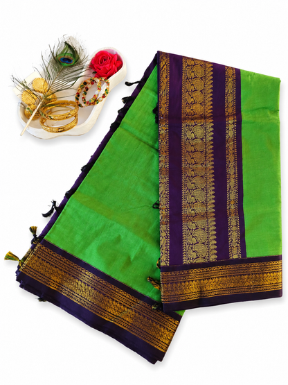 Kalyani Cotton Saree 🌿 Green & Dark Purple South Indian Saree VEKC16
