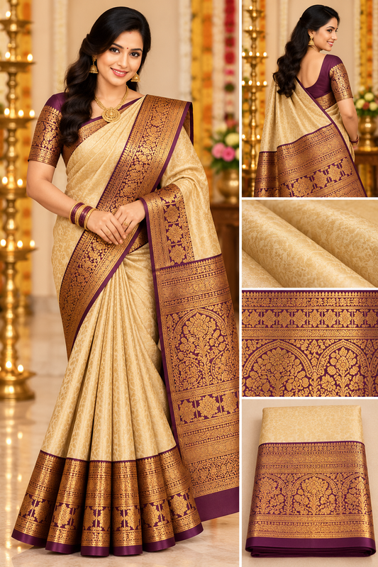 Kanjivaram Wedding premium silk sarees VEKWP130 cream purple