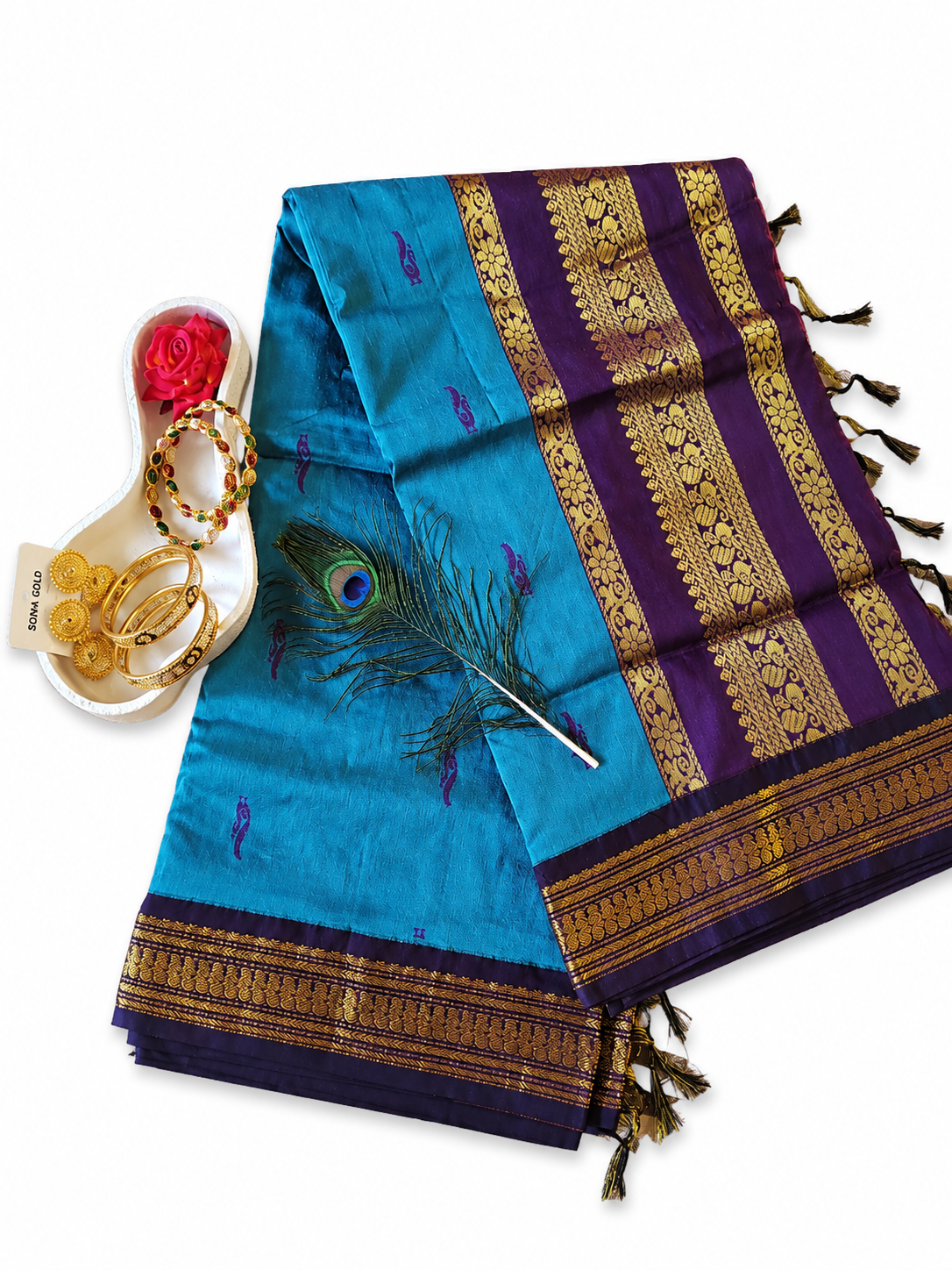 Kalyani Cotton Saree South Indian Sarees Peacock Blue & Purple VEKC17