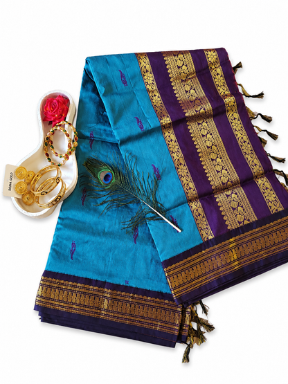Kalyani Cotton Saree South Indian Sarees Peacock Blue & Purple VEKC17