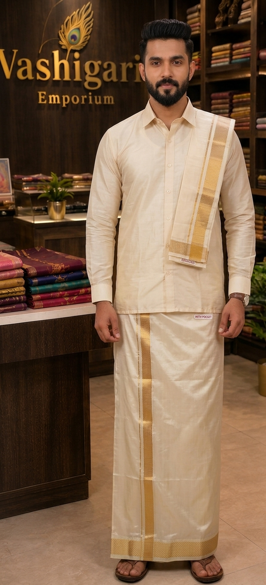 Premium Men's Shirt , Dhoti & Towel 3pcs set's (With Pocket Dhoti & Velcro cream)