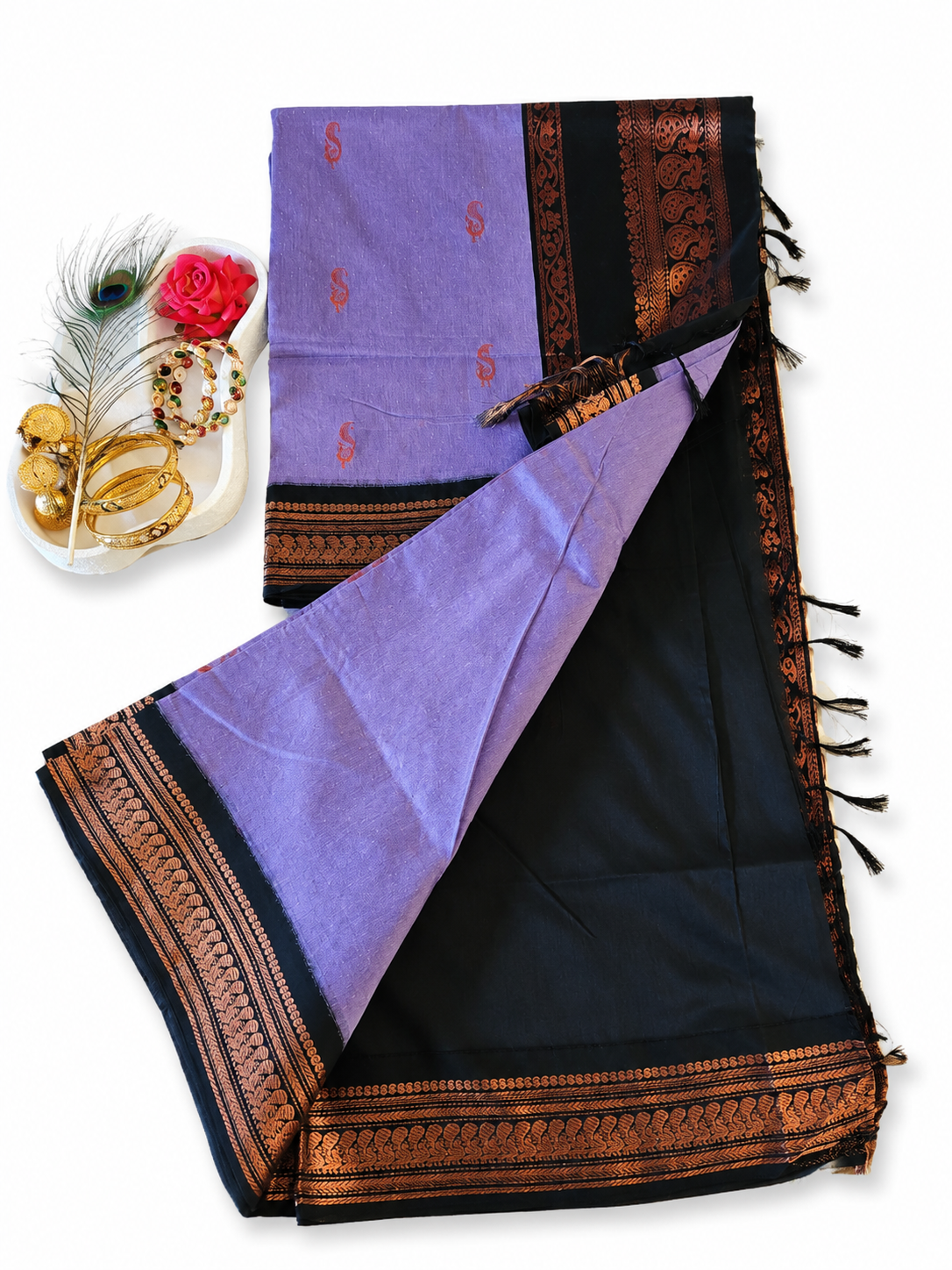 Kalyani Cotton Saree Lavender & Black South Indian Sarees VEKC15