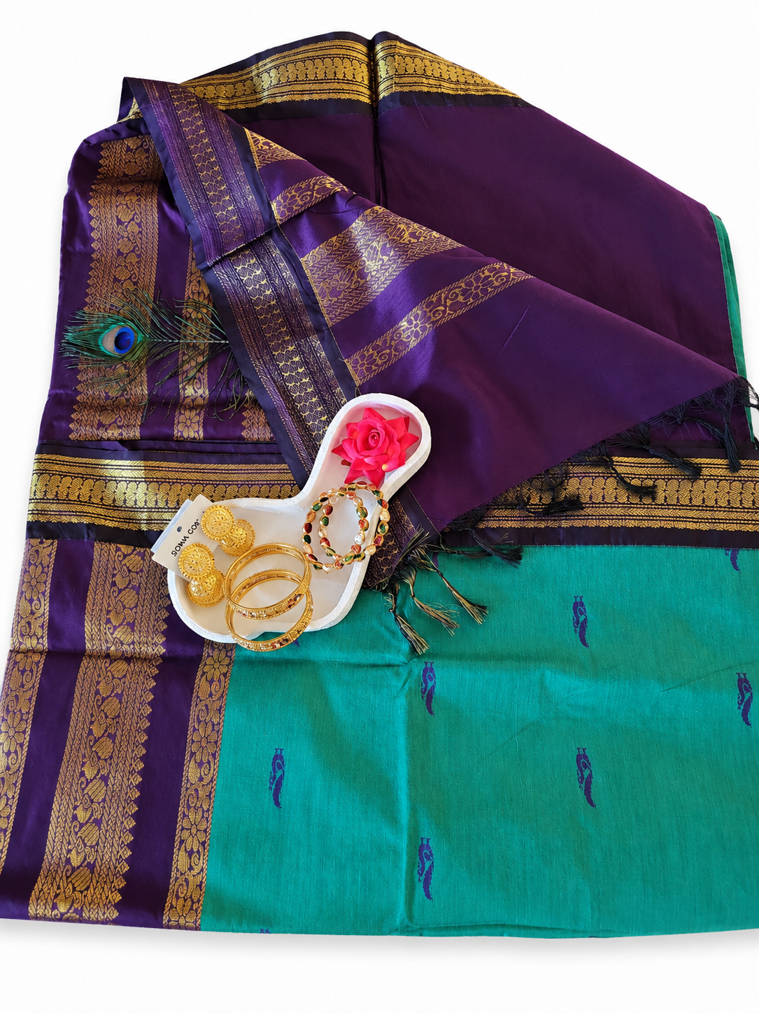 Kalyani Cotton Saree Indian Sarees Green & Purple VEKC14