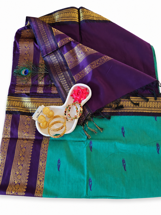 Kalyani Cotton Saree Indian Sarees Green & Purple VEKC14