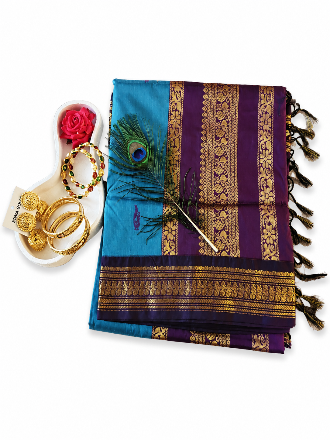 Kalyani Cotton Saree South Indian Sarees Peacock Blue & Purple VEKC17