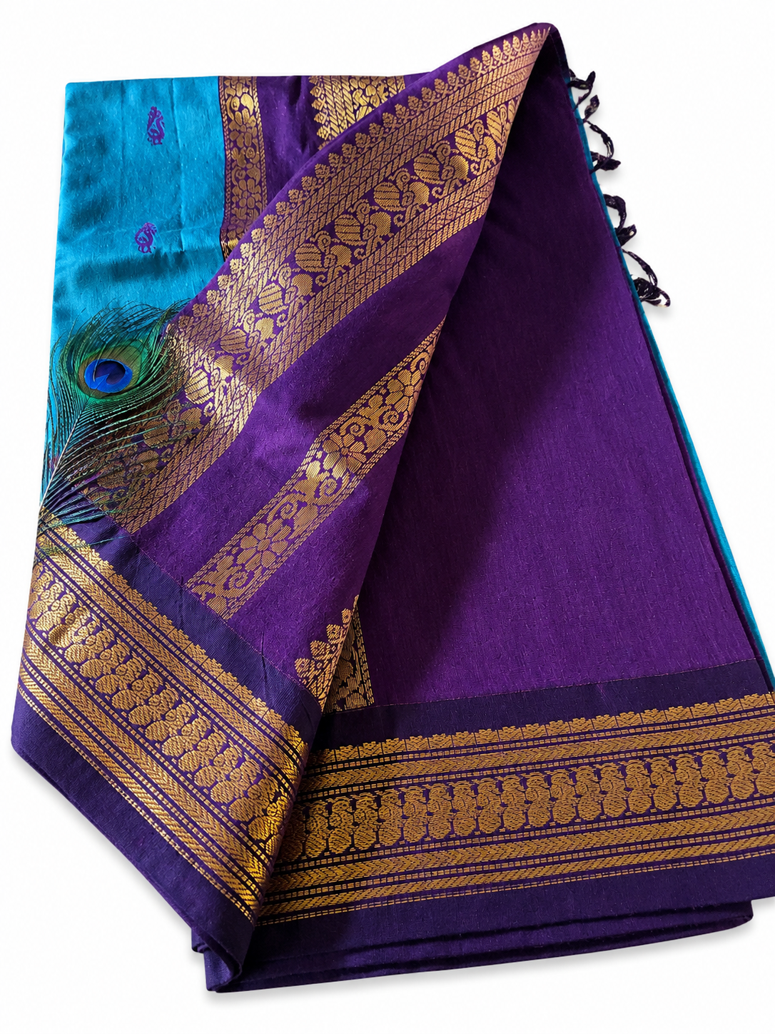 Kalyani Cotton Saree South Indian Sarees Peacock Blue & Purple VEKC17
