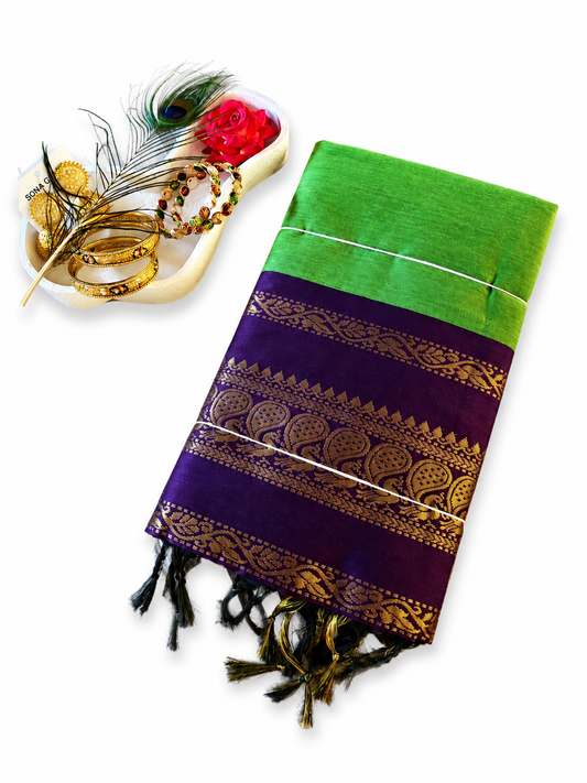Kalyani Cotton Saree 🌿 Green & Dark Purple South Indian Saree VEKC16