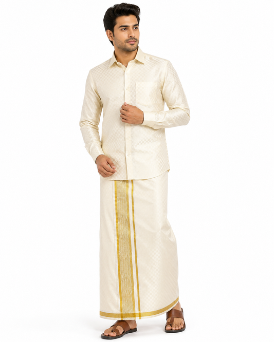 Premium Men's shirts Dhoti set's cream square