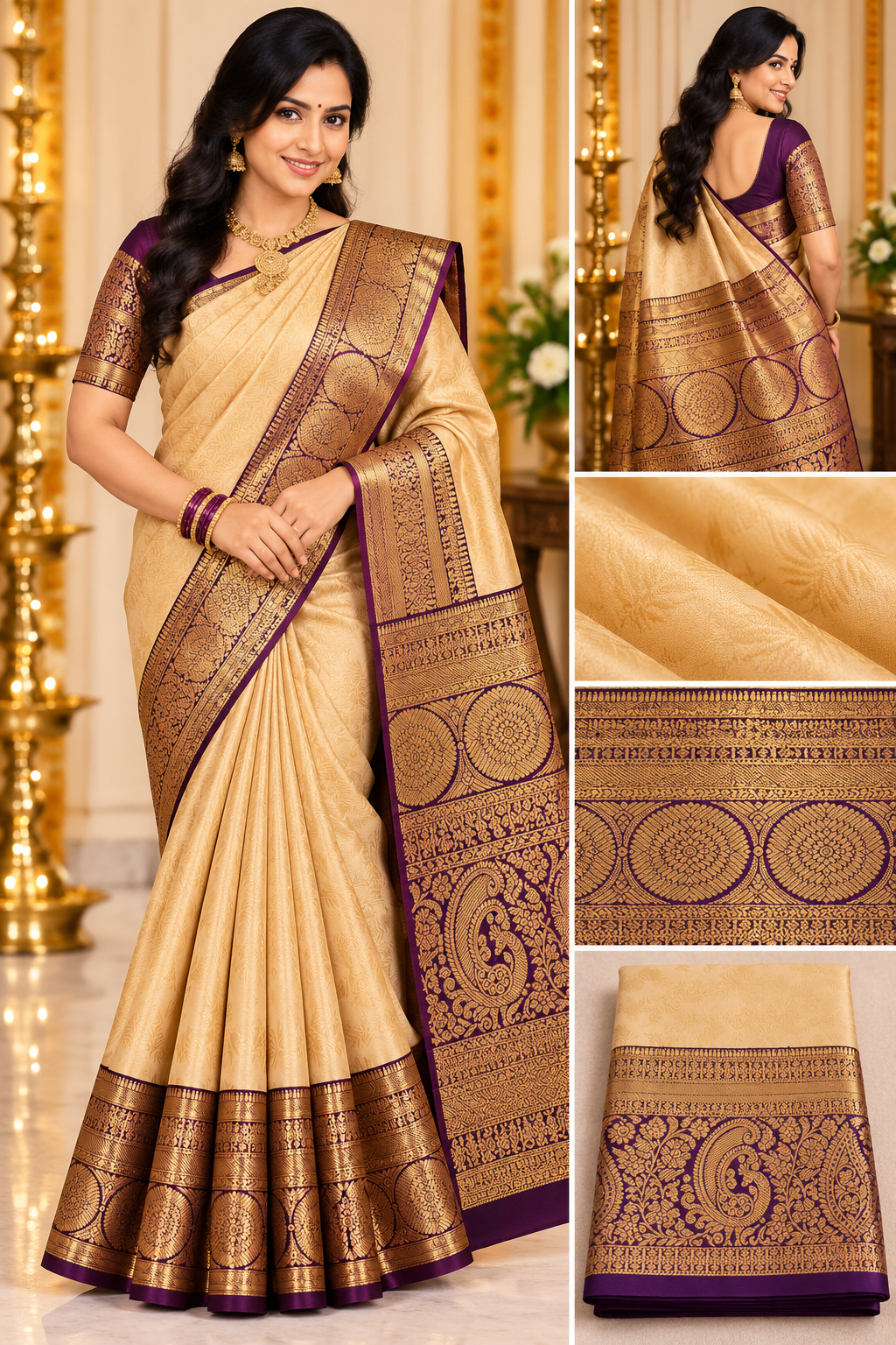 Kanjivaram wedding premium silk sarees VEKWP127 cream