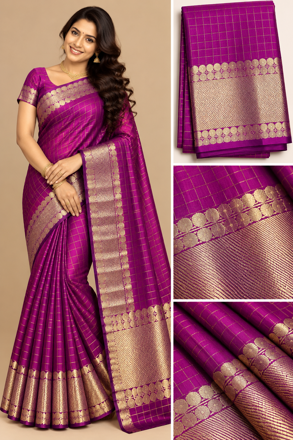Checked silk sarees Mango with Tassels VECSS12