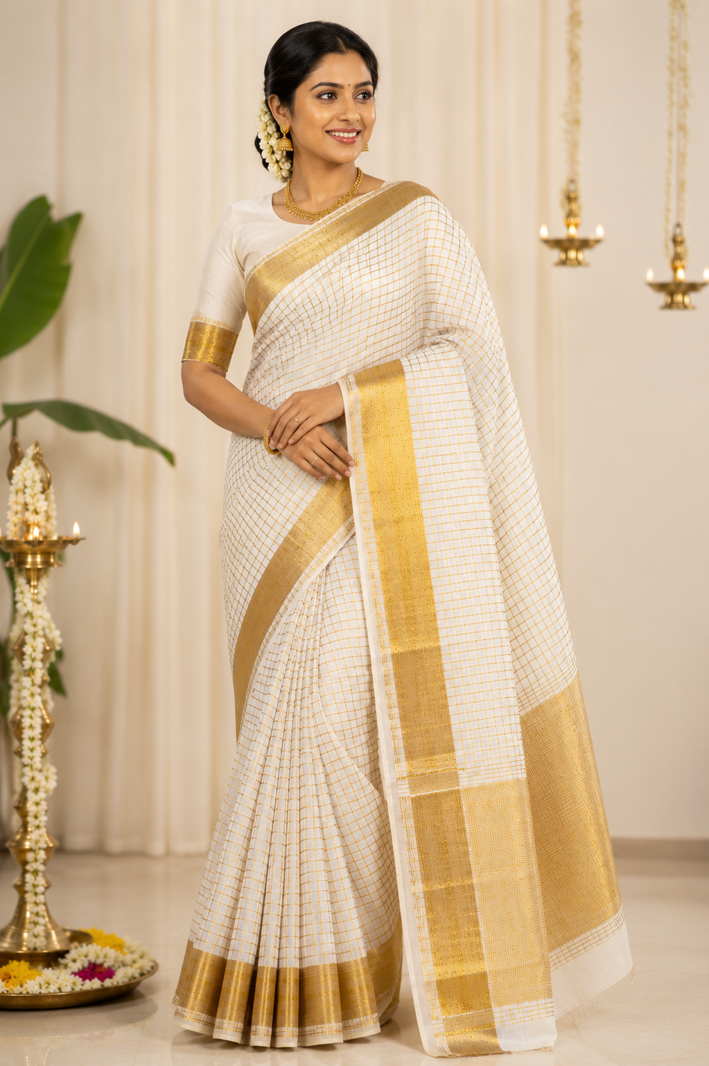 Onam Kerala Sarees 3 sizes checked Gold