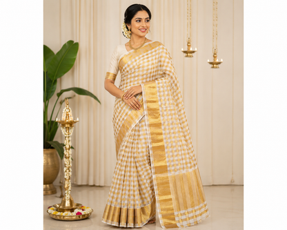 Onam Kerala Sarees 3 sizes checked Gold