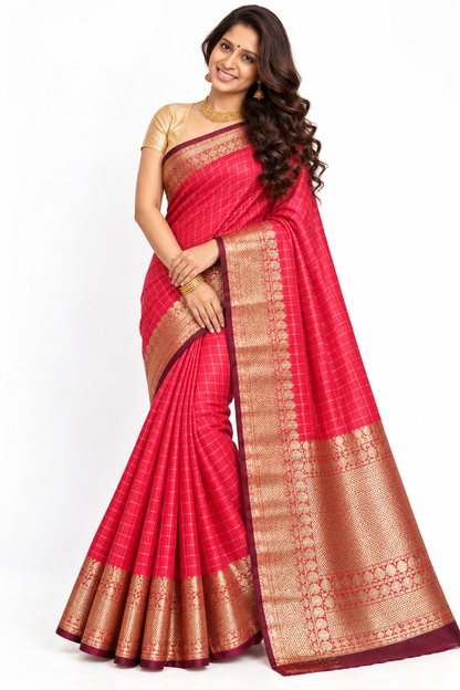 Checked silk sarees Mango with Tassels VECSS12