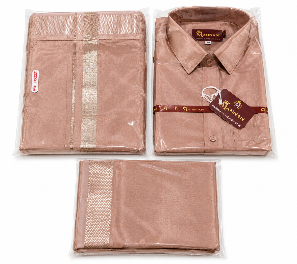Premium Men's shirt's , Dhoti & Towel 3pcs set's (with pocket and Velcro copper)