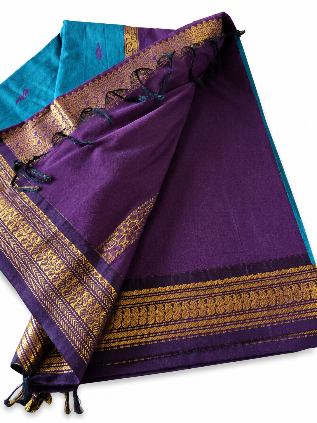 Kalyani Cotton Saree South Indian Sarees Peacock Blue & Purple VEKC17
