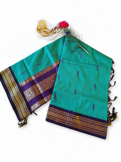 Kalyani Cotton Saree Indian Sarees Green & Purple VEKC14